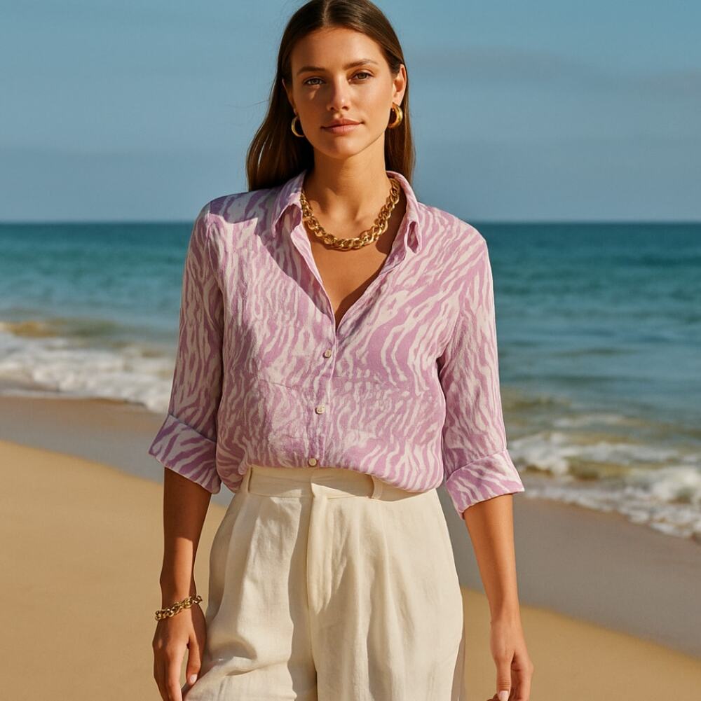 120% LINO Bria Button Down Linen Shirt Purple White Abstract Sz 44/Medium {3C15}